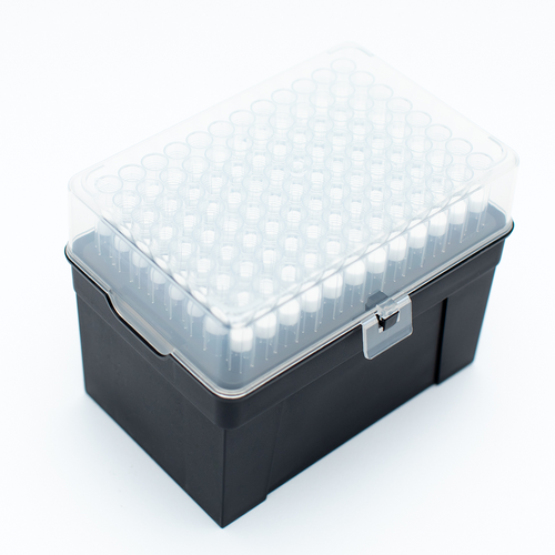 Pipette tip boxes made from recycled lab plastics. Hinged 1000 uL shown.